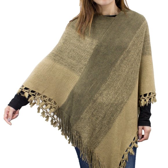 Khaki Olive Fringe Tassel Poncho Sweater Pullover - Picture 1 of 6